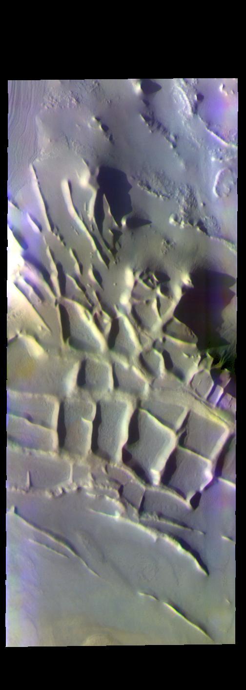The THEMIS VIS camera contains 5 filters. The data from different filters can be combined in multiple ways to create a false color image. These false color images may reveal subtle variations of the surface not easily identified in a single band image. Today's false color image shows part of Angustus Labyrinthus. The intersecting ridges were most likely formed due to tectonic activity. When this feature was first observed by the Mariner 9 orbiter, project scientists informally dubbed it "the Inca City." It is very common to 'see' familiar objects in unfamiliar images, akin to seeing a 'face' in a wall outlet. To the scientists the orthogonal shapes resembled buildings.  Orbit Number: 67658 Latitude: -81.392 Longitude: 296.2 Instrument: VIS Captured: 2017-03-15 21:34  https://photojournal.jpl.nasa.gov/catalog/PIA24073