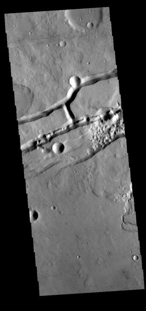 This VIS image shows a section of Sirenum Fossae. The linear depressions were created by tectonic forces stretching the surface. Paired faults allow blocks of the surface to slide down into the open space. The linear depressions are called graben. A small channel is visible on the lower right side of the image. Orbit Number: 81889 Latitude: -29.5423 Longitude: 212.521 Instrument: VIS Captured: 2020-05-31 01:12 https://photojournal.jpl.nasa.gov/catalog/PIA24087