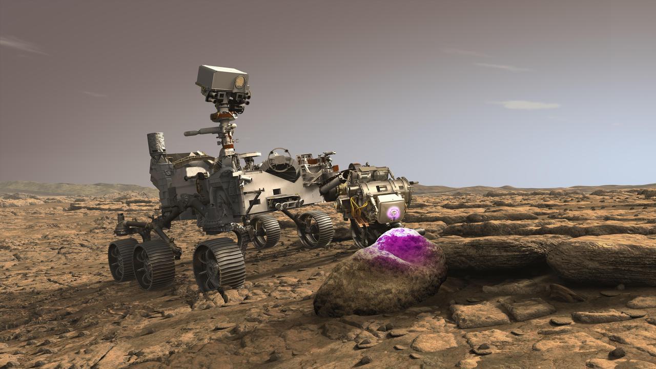 In this illustration, NASA's Perseverance Mars rover uses the Planetary Instrument for X-ray Lithochemistry (PIXL). Located on the turret at the end of the rover's robotic arm, the X-ray spectrometer will help search for signs of ancient microbial life in rocks.  https://photojournal.jpl.nasa.gov/catalog/PIA24092