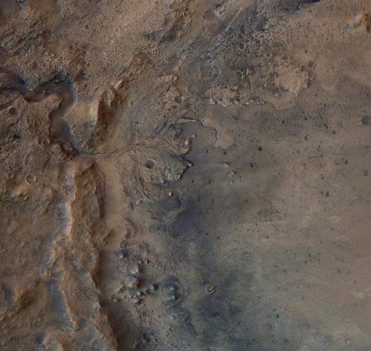 This image shows the remains of an ancient delta in Mars' Jezero Crater, which NASA's Perseverance Mars rover will explore for signs of fossilized microbial life. The image was taken by the High Resolution Stereo Camera aboard the ESA (European Space Agency) Mars Express orbiter. The European Space Operations Centre in Darmstadt, Germany, operates the ESA mission. The High Resolution Stereo Camera was developed by a group with leadership at the Freie Universitat Berlin.  https://photojournal.jpl.nasa.gov/catalog/PIA24096
