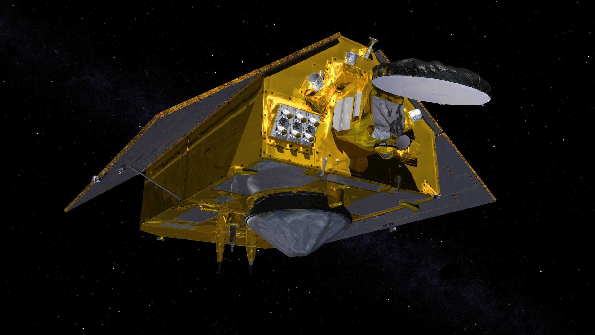 This illustration shows the front of the Sentinel-6 Michael Freilich spacecraft in orbit above Earth with its deployable solar panels extended.