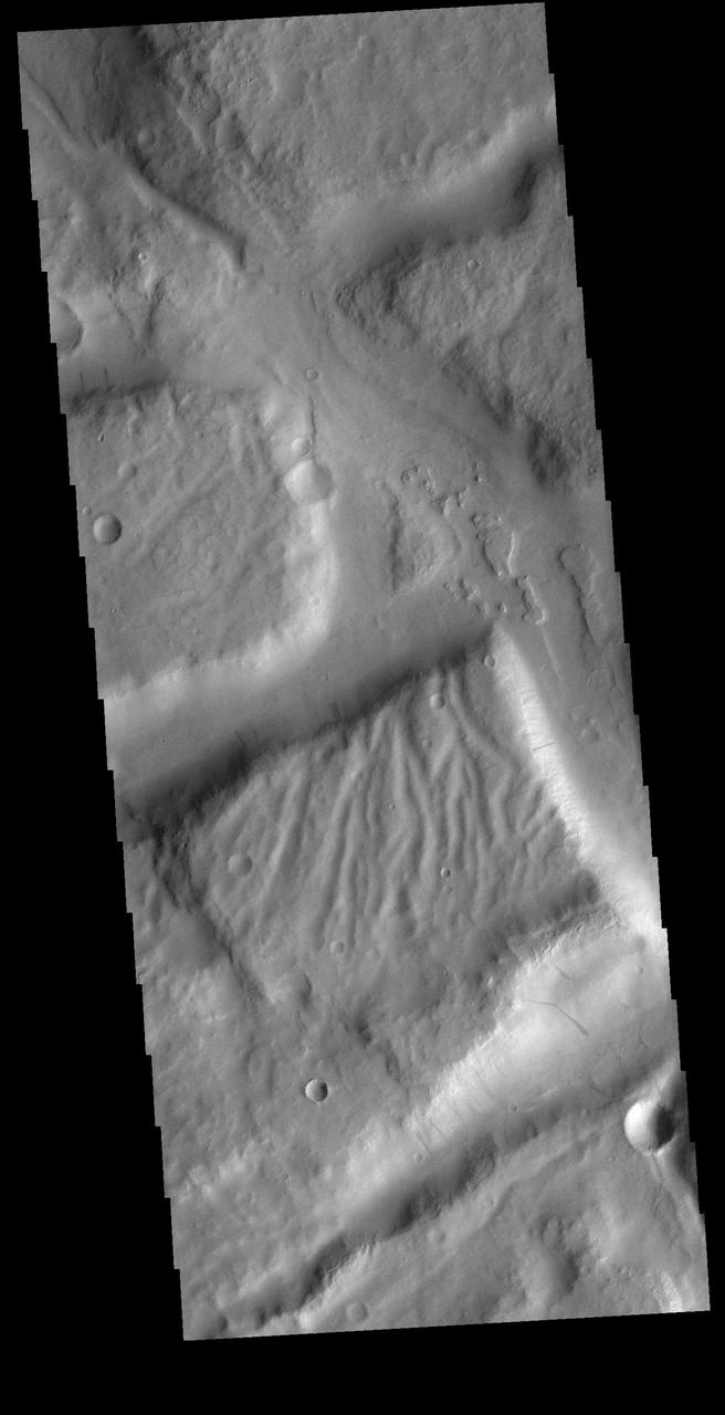 Today's VIS image shows a complex region of features in northern Terra Sirenum. Right angle valley intersections were created by tectonic forces, the tops of the mesas are dissected by channels and several cliff sides contain dark slope streaks.  Orbit Number: 81952 Latitude: -7.86492 Longitude: 191.975 Instrument: VIS Captured: 2020-06-05 05:49  https://photojournal.jpl.nasa.gov/catalog/PIA24113