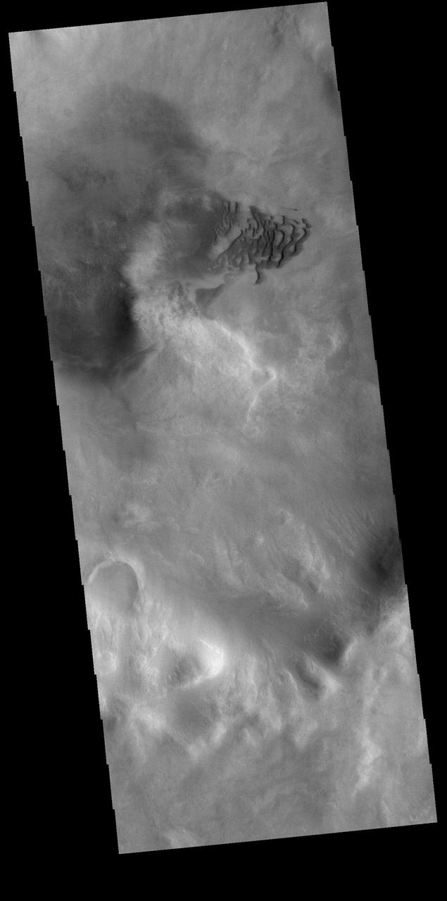 The small dunes in this VIS image are located in an unnamed crater in southern Noachis Terra. Orbit Number: 82059 Latitude: -56.2948 Longitude: 353.028 Instrument: VIS Captured: 2020-06-14 01:00 https://photojournal.jpl.nasa.gov/catalog/PIA24119