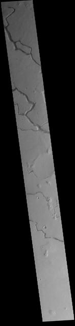 This VIS image is located in the central portion of Hephaestus Fossae. Hephaestus Fossae is a complex channel system in Utopia Planitia near Elysium Mons. It has been proposed that the channel formed by the release of melted subsurface ice during the impact event that created a large crater southeast of this image. Additionally, the nearby Elysium volcanic center created subsurface heating that may have played a part in creating both Hephaestus Fossae and Hebrus Valles to the north. Orbit Number: 82079 Latitude: 18.8004 Longitude: 124.5724 Instrument: VIS Captured: 2020-06-15 16:56 https://photojournal.jpl.nasa.gov/catalog/PIA24122