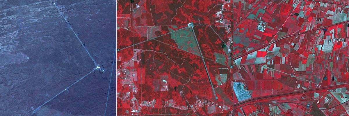 The biggest merger yet between two black holes produced gravity waves that were detected by gravitational wave detection systems. This analysis is the latest to come out of the international LIGO-VIRGO collaboration, which operates three super-sensitive gravitational wave-detection systems in America and Europe (Information from BBC News, September 2). The systems consist of two interferometers at right angles to each other. The two American LIGO systems are located near Livingston, LA (left image) and near Hanford, WA (center image); the European VIRGO system is located near Pisa, Italy (right image). The three ASTER cutouts each cover an area of 6 by 6 km.  https://photojournal.jpl.nasa.gov/catalog/PIA24129