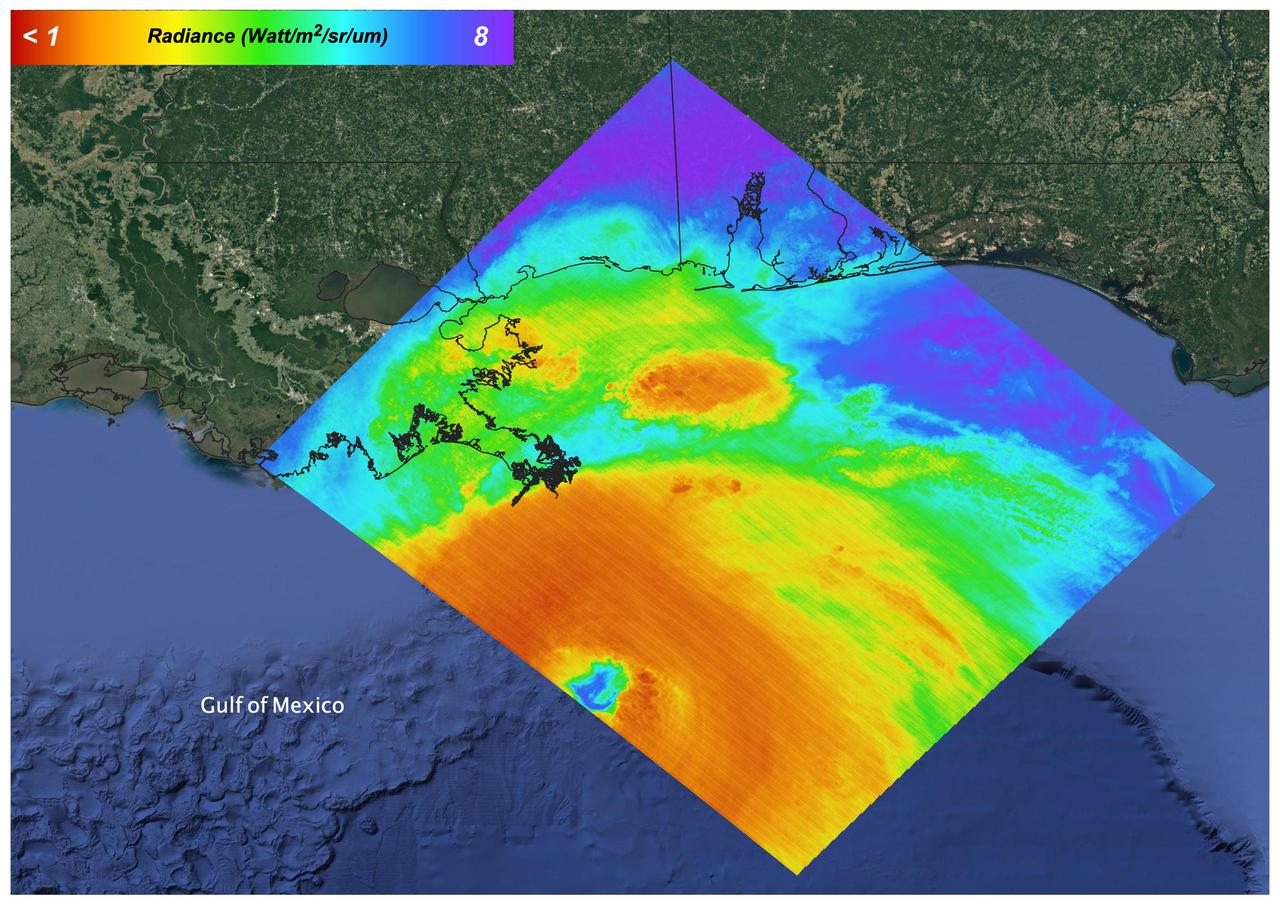 On August 27, 2021 Ida crossed over Cuba as a Category 1 Storm. 48 hours later the storm intensified to a Category 4 before making landfall on the coast of Louisiana. The storm was the second most destructive storm to ever make landfall on the Louisiana coast with sustained winds over 150 mph (240 km/h).  The rapid intensification process that the storm system underwent is not well understood. Satellite images such as this are helpful as scientists attempt to understand new weather patterns that are emerging with Global Climate Change.  Tasked with detecting plant water use and stress, ECOSTRESS's primary mission is to measure the temperature of plants heating up as they run out of water. But it can also measure and track heat-related phenomena like wildfires, heat waves, and volcanoes. ECOSTRESS observations have a spatial resolution of about 77 by 77 yards (70 by 70 meters), which enables researchers to study surface-temperature conditions down to the size of a football field. Due to the space station's unique orbit, the mission can acquire images of the same regions at different times of the day, as opposed to crossing over each area at the same time of day like satellites in other orbits do. This is advantageous when monitoring plant stress in the same area throughout the day, for example.  https://photojournal.jpl.nasa.gov/catalog/PIA24210