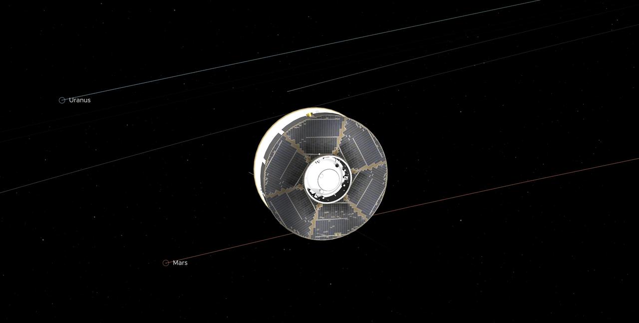 This illustration of the Mars 2020 spacecraft (the solar-panel-covered cruise stage most visible here along with a portion of the white back shell) in interplanetary space was generated using imagery from NASA's Eyes on the Solar System. The image is from the mission's midway point between Earth and Mars — 146.3 million miles (235.4 million kilometers) away from each. In straight-line distance, Earth is 26.6 million miles (42.7 million kilometers) behind Perseverance, and Mars is 17.9 million miles (28.8 million kilometers) in front. Visible in the graphic are the solar panels on the cruise stage surrounding the top of the aeroshell.  https://photojournal.jpl.nasa.gov/catalog/PIA24231