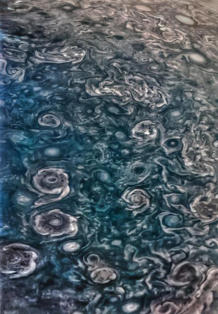 This image of Jupiter's norther polar region was processed by citizen scientist Emma Wälimäki. The data for the image was collected during Juno's 29th perijove (PJ) pass on Sept. 16, 2020.  https://photojournal.jpl.nasa.gov/catalog/PIA24239