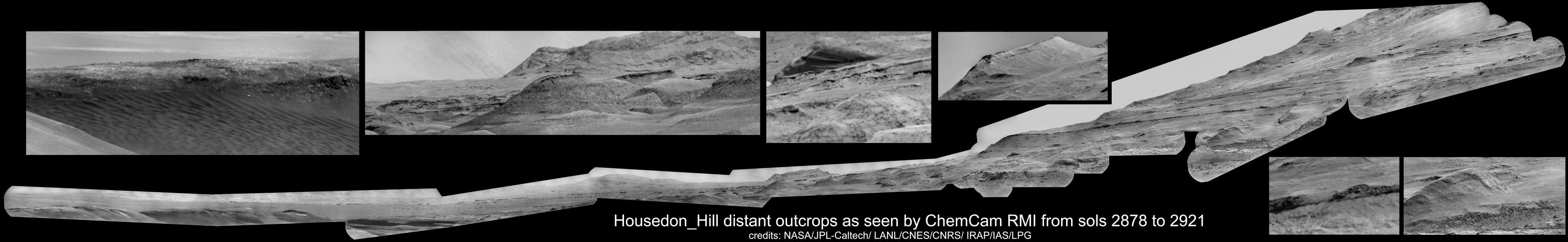 This mosaic shows various scenes captured from a location called "Housedon Hill" by the ChemCam instrument aboard NASA's Curiosity Mars rover between September 9 and October 23, 2020 (Sols 2878 and 2921). ChemCam uses a laser to zap rock and soil, then studies the resulting vapor to determine the composition of different material from a distance. The instrument's Remote Microscopic Imager camera takes black-and-white images so that scientists can look closely at the material before and after laser zaps.  Early in the mission, the team discovered that the camera can be used like a telescope, looking at distant horizons rather than nearby rock textures. While parked at a location nicknamed "Mary Anning," they used the camera to repeatedly take pictures of the landscape, assembling them all into this long mosaic. This image includes the mosaic as well as several detail shots.  https://photojournal.jpl.nasa.gov/catalog/PIA24262