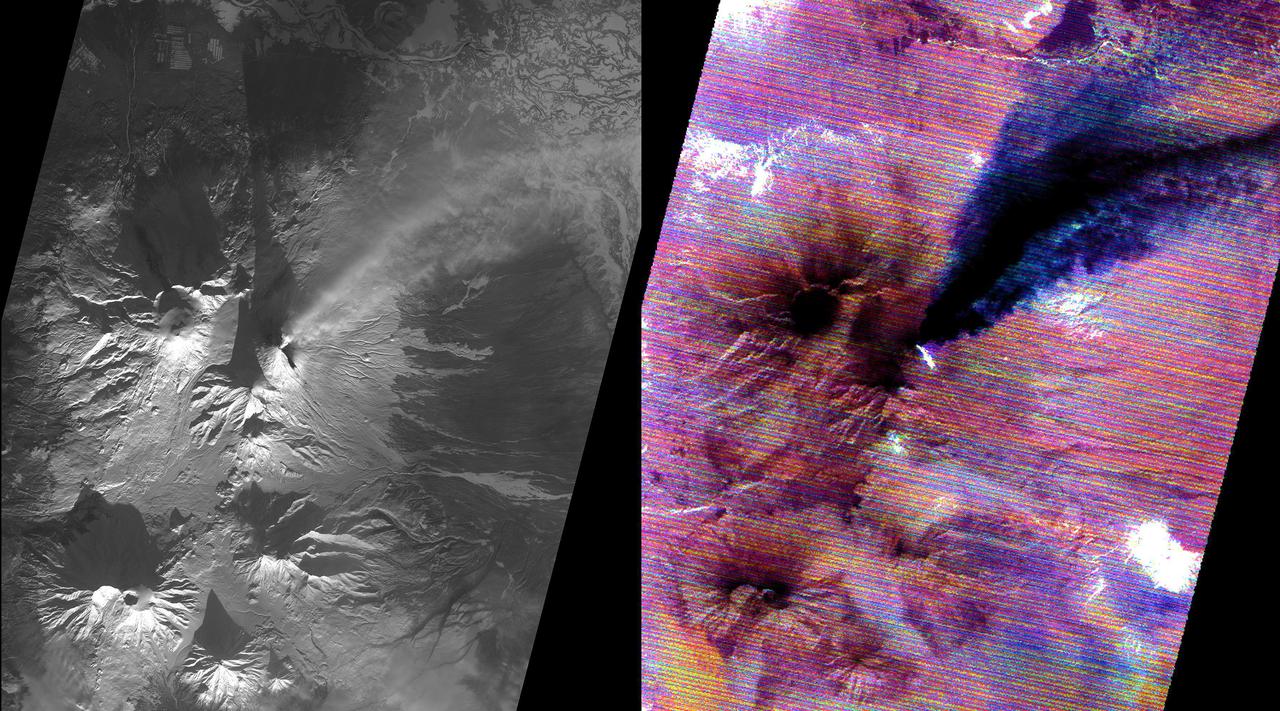 Kamchatka, Russia hosts some of the most active volcanoes on earth. Among those is Kliuchevskoi stratovolcano, erupting almost constantly, and the tallest volcano in Kamchatka. In this snow-covered winter image (left), an eruption plume rising to 7.5 km, is streaming from the summit in a northeast direction. The thermal infrared image (right) reveals additional information: the bright material on the east side of the summit is a hot, recent lava flow; the eruption plume is displayed in blue, revealing its composition as dominated by ice mixed with ash. The thermal data are noisy because of the very low signal from the cold scene. The data were acquired December 2, 2020, cover an area of 27 by 30 km, and are located at 56.1 degrees north, 160.7 degrees east. https://photojournal.jpl.nasa.gov/catalog/PIA24282