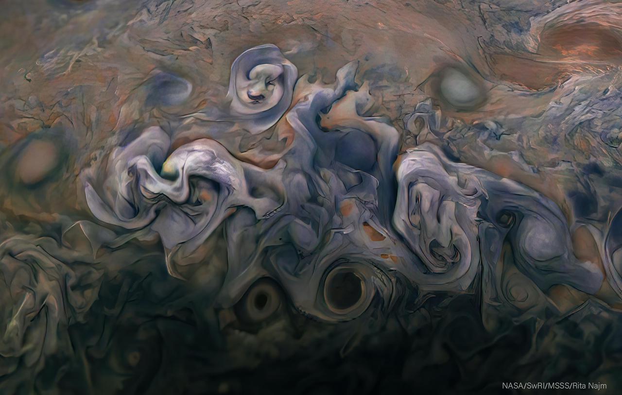 Images from the Juno spacecraft's visible-light amera JunoCam are posted after every close pass for the public to enjoy and process themselves. JunoCam's images of Jupiter inspire art and science. An image taken by JunoCam during Juno's 25th perijove pass on February 17, 2020, inspired citizen scientist Rita Najm to enhance its color and contrast and to give it the impression of a painting that's ready to be framed.  The original JunoCam image used to produce this view was taken from from an altitude of about 7,900 miles (12,700 kilometers) above Jupiter's cloud tops.  https://photojournal.jpl.nasa.gov/catalog/PIA24293
