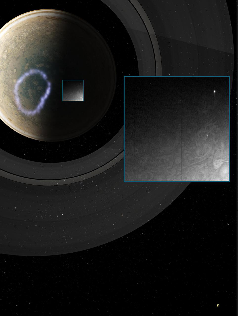 This image is the first observation of "shallow lightning" flashes — signatures of high-altitude Jovian thunderstorms that may fundamentally influence the composition of Jupiter's atmosphere. The image of was acquired by NASA's Juno mission using the spacecraft's sensitive Stellar Reference Unit navigation camera during Juno's 10th science flyby on Feb. 7, 2018.  The solar-powered Jupiter explorer launched on Aug. 5, 2011 and went into orbit around the gas giant on July 4, 2016.  https://photojournal.jpl.nasa.gov/catalog/PIA24301