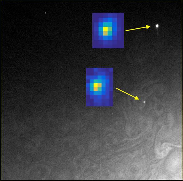 In this composite image taken by Juno's Stellar Reference Unit, the arrows point to small lightning flashes observed on Jupiter's cloud tops; the magnified insets show how they appeared in the science imager. The small size is evidence that the lighting is shallow, originating at unexpectedly high altitudes where it is too cold for liquid water to exist. Designed to detect dim stars, the Stellar Reference Unit's optics enable identification of tiny points of light. The data for this composite was taken by the Stellar Reference Unit on Feb. 7, 2018.  The solar-powered Jupiter explorer launched on Aug. 5, 2011 and went into orbit around the gas giant on July 4, 2016.  https://photojournal.jpl.nasa.gov/catalog/PIA24302