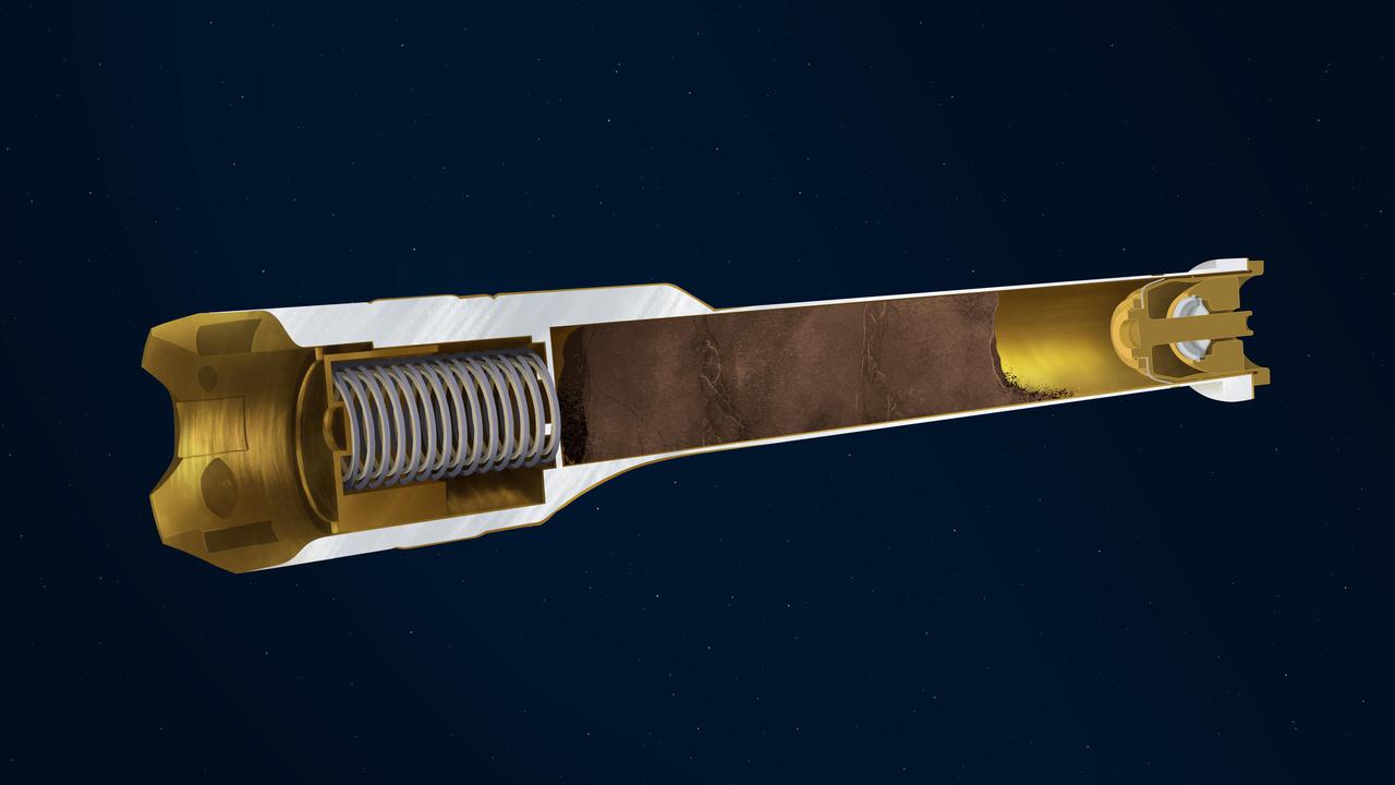 This illustration depicts the interior of a sample tube being carried aboard the Mars 2020 Perseverance rover. About the size and shape of a standard lab test tube, the 43 sample tubes headed to Mars must be lightweight, hardy enough to survive the demands of the round trip, and so clean that future scientists will be confident that what they are analyzing is 100% Mars, without Earthly contaminants. Cutaway Plunger: Works in concert with the spring to release (retract) or activate (extend) the two exterior-mounted ball locks. Springs: Along with the plunger, acts to release or activate the ball locks. Payload Cavity: Also known as the bore, is the area in the tube where cores of Martian rock and samples of regolith will be stored. Titanium Nitride Coating: The specialized surface treatment resists contamination. Hermetic Seal: This mechanically-activated plug is designed to ensure that no contaminants can get into the sample tube and that nothing from inside the tube can get out. https://photojournal.jpl.nasa.gov/catalog/PIA24307