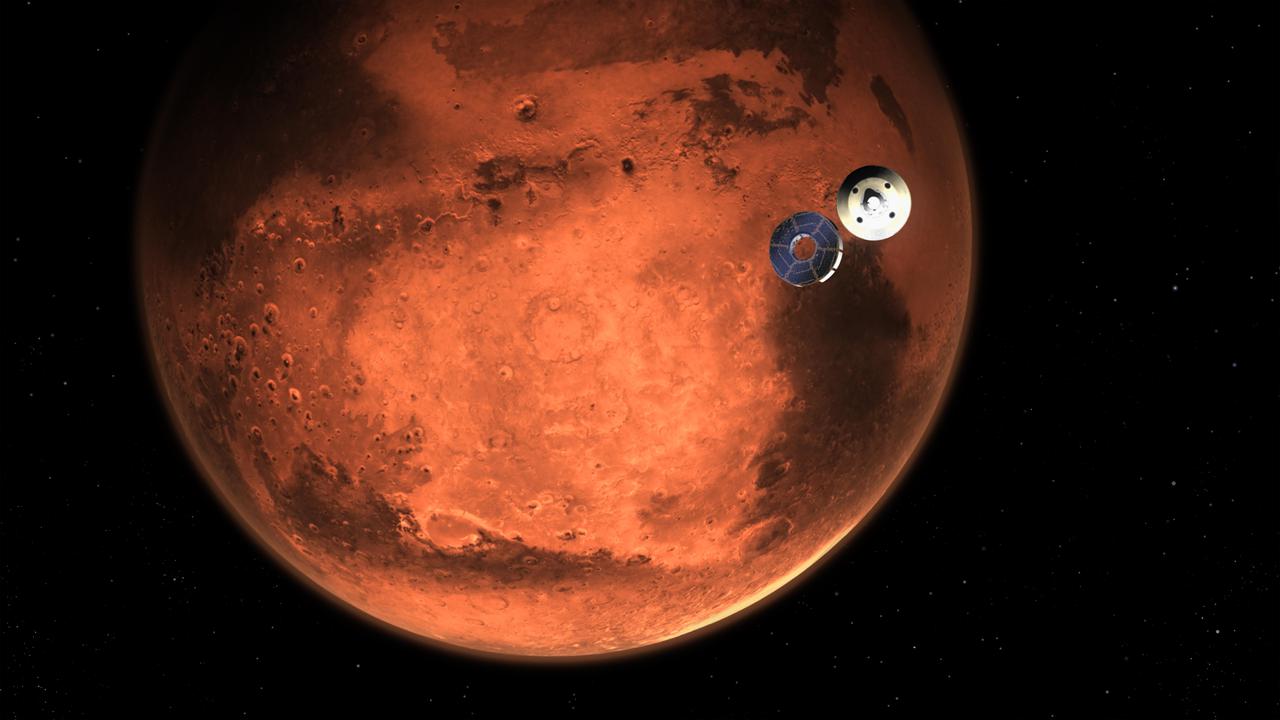 This illustration shows NASA's Perseverance rover casting off its spacecraft's cruise stage, minutes before entering the Martian atmosphere. Hundreds of critical events in the rover's Entry, Descent, and Landing sequence must execute perfectly and exactly on time for the rover to touch down on Mars safely on Feb. 18, 2021.  The cruise stage contains fuel tanks, solar panels, and other hardware needed during the trip to Mars. About 10 minutes before atmospheric entry, it separates from the aeroshell, which encloses the rover and descent stage. The aeroshell makes the trip to the surface on its own.  https://photojournal.jpl.nasa.gov/catalog/PIA24312