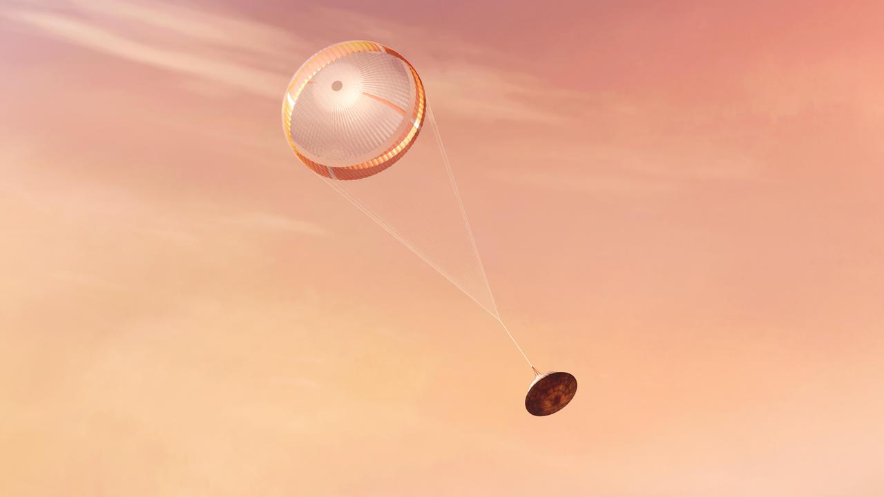 NASA's Perseverance rover deploys a supersonic parachute from its aeroshell as it slows down before landing, in this artist's illustration. Hundreds of critical events must execute perfectly and exactly on time for the rover to land safely on Feb. 18, 2021. Entry, Descent, and Landing, or "EDL," begins when the spacecraft reaches the top of the Martian atmosphere, traveling nearly 12,500 mph (20,000 kph). EDL ends about seven minutes after atmospheric entry, with Perseverance stationary on the Martian surface. The parachute, 70.5 feet (21.5 meters) in diameter, deploys about 240 seconds after entry into the Martian atmosphere, at an altitude of about 7 miles (11 kilometers) and a velocity of about 940 mph (1,512 kph). The parachute slows the vehicle to about 200 mph (320 kph). https://photojournal.jpl.nasa.gov/catalog/PIA24316