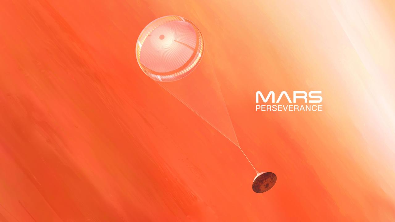 An illustration of NASA's Mars Perseverance rover deploying its supersonic parachute from its aeroshell as it slows down before landing. Hundreds of critical events must execute perfectly and exactly on time for the rover to land safely on Feb. 18, 2021. https://photojournal.jpl.nasa.gov/catalog/PIA24341