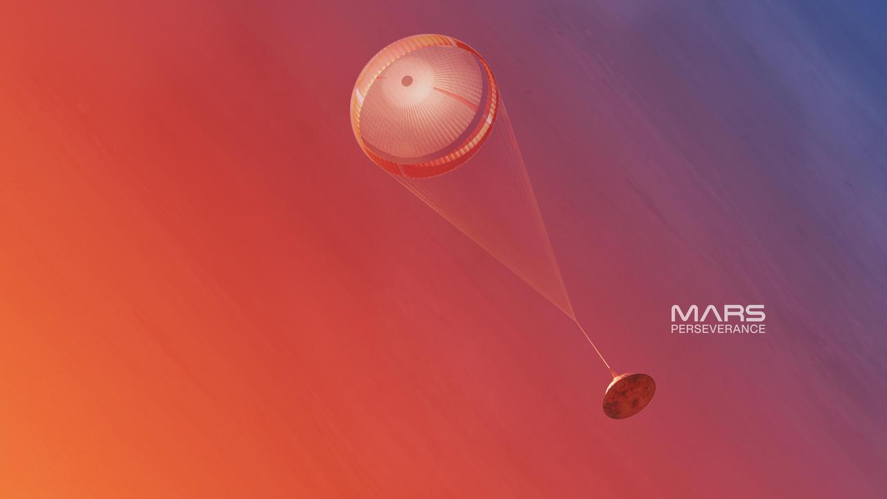 An illustration of NASA's Mars Perseverance rover deploying its supersonic parachute from its aeroshell as it slows down before landing. Hundreds of critical events must execute perfectly and exactly on time for the rover to land safely on Feb. 18, 2021. https://photojournal.jpl.nasa.gov/catalog/PIA24344