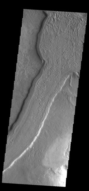 This VIS image shows a short section of Reull Vallis. Reull Vallis starts in Promethei Terra and empties into Hellas Plainitia. On the floor of this channel are ridged and grooved materials that seem to deflect around obstacles. These features are proposed to be ice-rich materials similar to glaciers on Earth. Reull Vallis is 1051km (653 miles) long. Orbit Number: 83958 Latitude: -40.8313 Longitude: 108.188 Instrument: VIS Captured: 2020-11-17 09:14 https://photojournal.jpl.nasa.gov/catalog/PIA24355