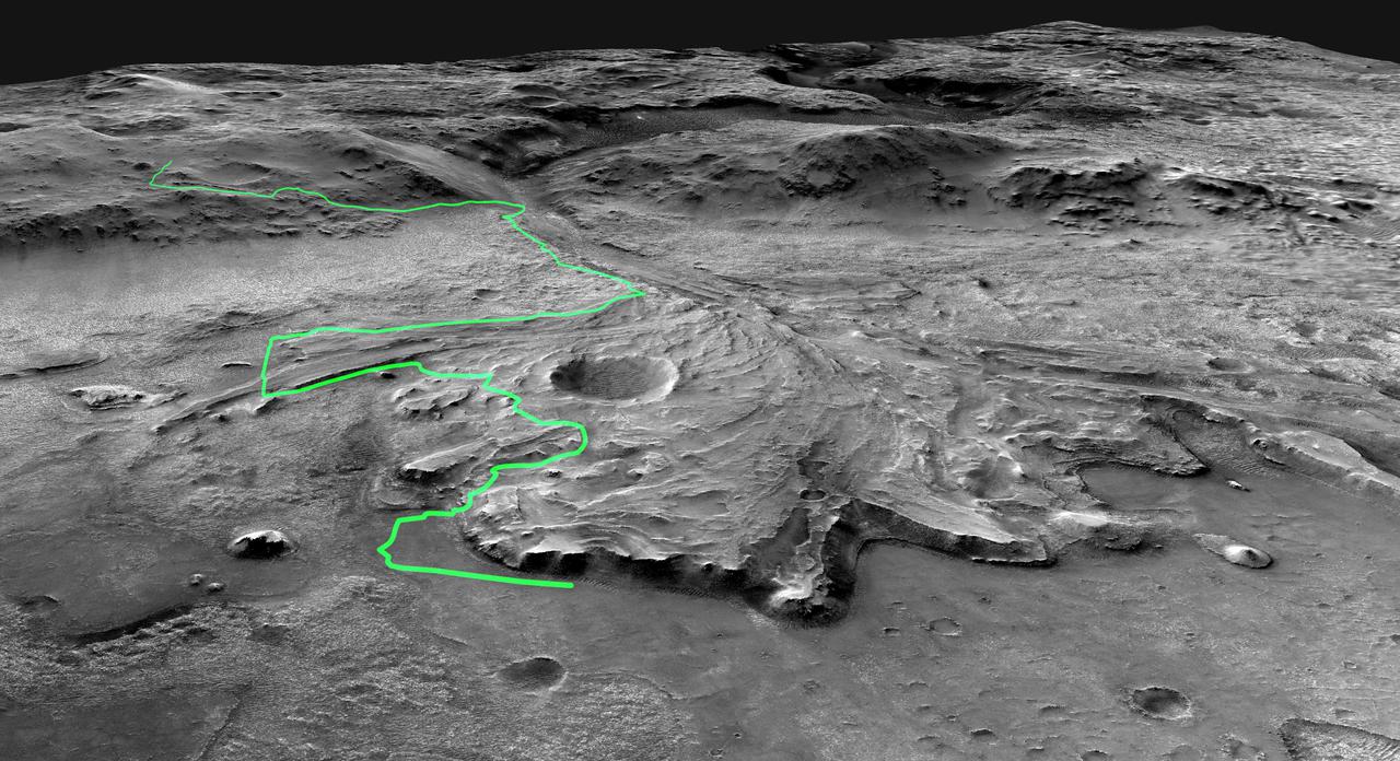This annotated mosaic depicts a possible route the Mars 2020 Perseverance rover could take across Jezero Crater as it investigates several ancient environments that may have once been habitable. The route begins at the cliffs defining the base of a delta produced by a river as it flowed into a lake that once filled the crater. The path then traverses up and across the delta toward possible ancient shoreline deposits, and then climbs the 2,000-foot-high (610-meter-high) crater rim to explore the surrounding plains. About half of this traverse could be completed in Perseverance's prime mission (one Mars year, or two Earth years). For reference, the prominent crater near the center of the image is about 0.6 miles (1 kilometer) across.  This mosaic is composed of multiple precisely aligned images from the Context Camera on the Mars Reconnaissance Orbiter and has a resolution of 20 meet (6 meters) per pixel.  https://photojournal.jpl.nasa.gov/catalog/PIA24379