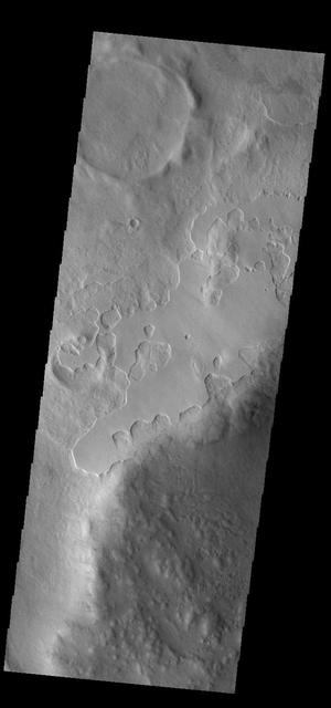 An unusual layer of smooth material covers the flanks of the volcano Peneus Patera just south of the Hellas Basin. Though smooth on its upper surface, the layer is pitted by a process of erosion that produces steep scarps facing the south pole and more gentle slopes in the direction of the equator. The style of erosion of the smooth layer suggests that ice of some form plays a role in shaping this terrain. Orbit Number: 84434 Latitude: -58.8716 Longitude: 52.6886 Instrument: VIS Captured: 2020-12-26 13:56 https://photojournal.jpl.nasa.gov/catalog/PIA24401