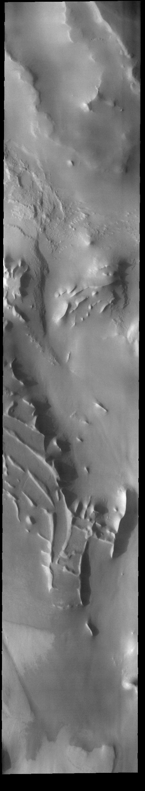 Today's VIS image shows part of Angustus Labyrinthus. Angustus Labyrinthus is a unique region near the south polar cap. The squares formed by intersecting ridges earned the feature the informal name of the Inca City when it was discovered in Mariner 9 images in 1972.The linear ridges are believed to have formed by volcanic and tectonic forces, where magma filled fractures in the subsurface and then erosion revealed the magmatic material.  Orbit Number: 84350 Latitude: -81.7681 Longitude: 298.221 Instrument: VIS Captured: 2020-12-19 16:04  https://photojournal.jpl.nasa.gov/catalog/PIA24412