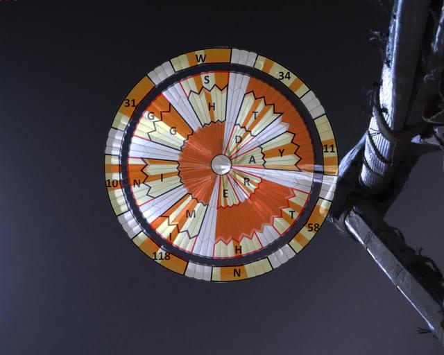 This annotated image was taken by a parachute-up-look camera aboard the protective back shell of NASA's Perseverance rover during its descent toward Mars' Jezero Crater on February 18, 2021. Using binary code, two messages have been encoded in the neutral white and international-orange parachute gores (the sections that make up the canopy's hemispherical shape).  The inner portion spells out "DARE MIGHTY THINGS," with each word located on its own ring of gores. The outer band of the canopy provides GPS coordinates for NASA's Jet Propulsion Laboratory in Southern California, where the rover was built and the project is managed.  Mars 2020 Perseverance Systems Engineer Ian Clark designed the binary code pattern. The saying is JPL's motto and is an abridgement of a quote from Teddy Roosevelt's "Strenuous Life" speech: "Far better is it to dare mighty things, to win glorious triumphs, even though checkered by failure ... than to rank with those poor spirits who neither enjoy nor suffer much, because they live in a gray twilight that knows not victory nor defeat."  https://photojournal.jpl.nasa.gov/catalog/PIA24431