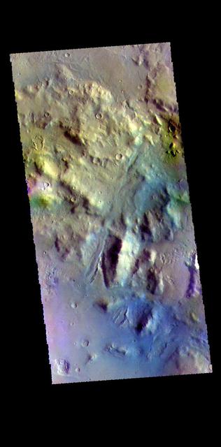 The THEMIS VIS camera contains 5 filters. The data from different filters can be combined in multiple ways to create a false color image. These false color images may reveal subtle variations of the surface not easily identified in a single band image. Today's false color image shows part of the floor of an unnamed crater located in Arabia Terra, near the boundary with Acidalia Planitia. Orbit Number: 69570 Latitude: 39.8223 Longitude: 6.77446 Instrument: VIS Captured: 2017-08-20 11:13 https://photojournal.jpl.nasa.gov/catalog/PIA24454