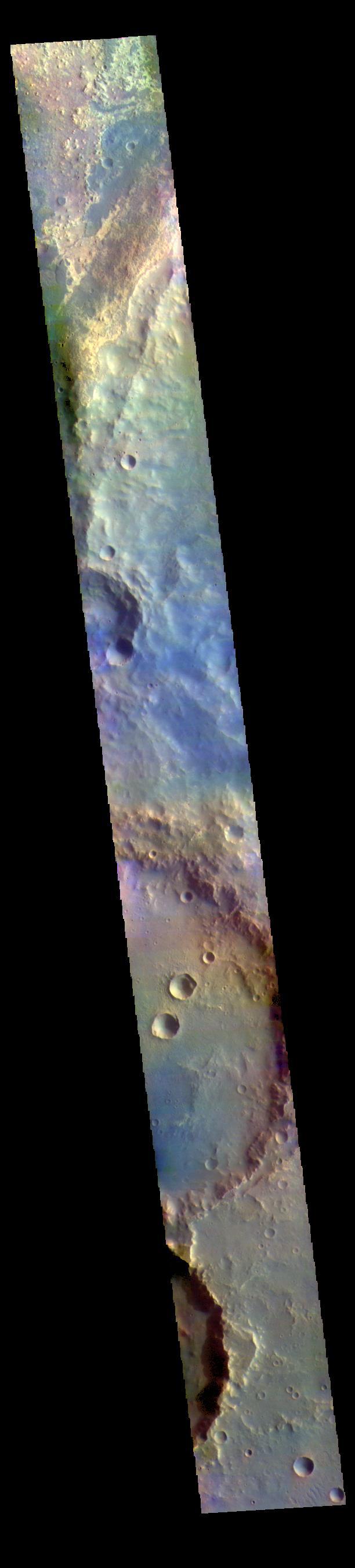 The THEMIS VIS camera contains 5 filters. The data from different filters can be combined in multiple ways to create a false color image. These false color images may reveal subtle variations of the surface not easily identified in a single band image. Today's false color image shows several craters in northwestern Arabia Terra.  Orbit Number: 70020 Latitude: 23.0087 Longitude: 339.177 Instrument: VIS Captured: 2017-09-26 12:56  https://photojournal.jpl.nasa.gov/catalog/PIA24459