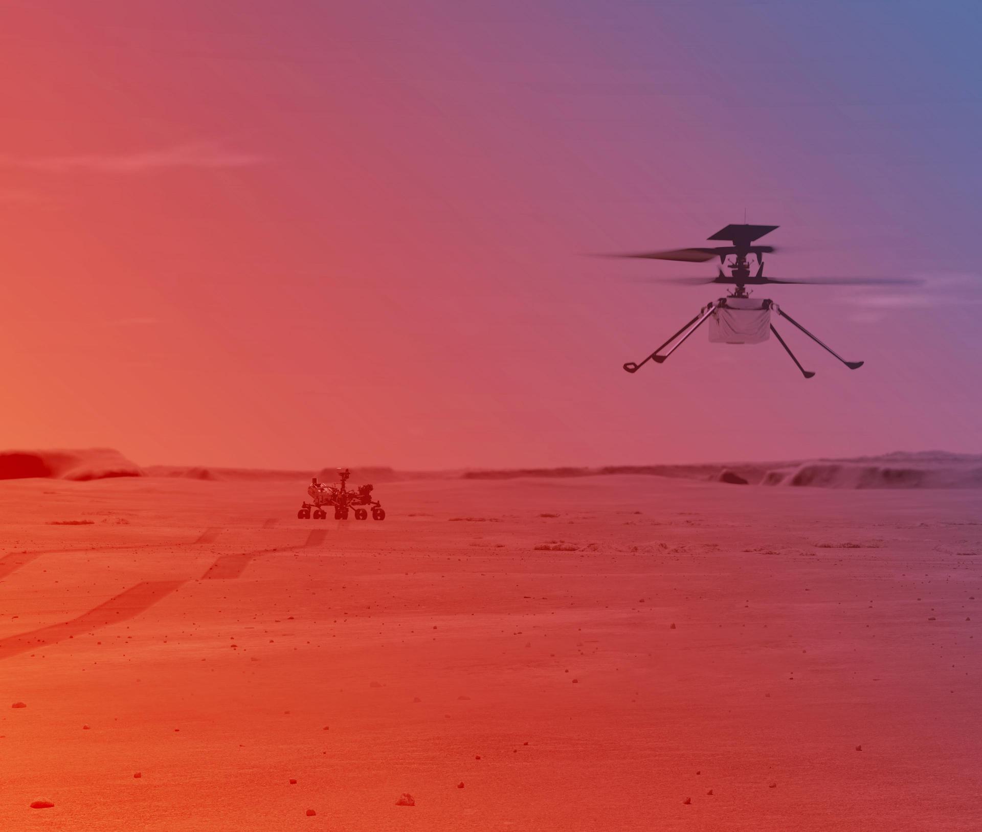 This image is an illustration of NASA's Ingenuity Helicopter flying on Mars.