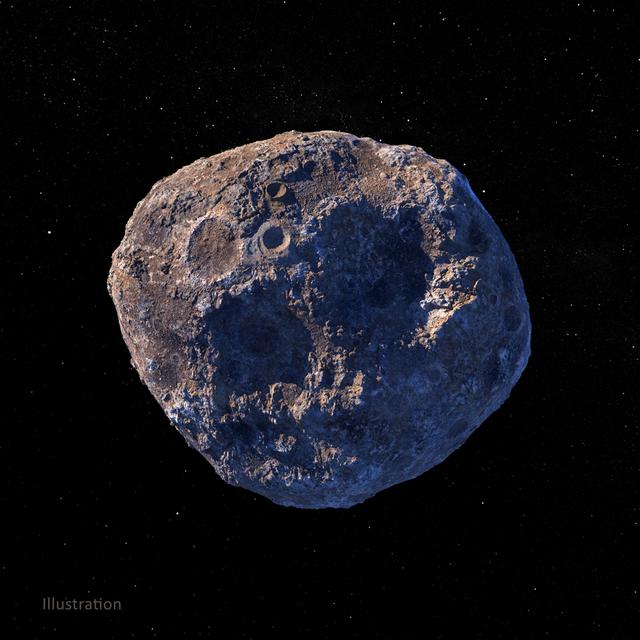 This illustration, created in March 2021, depicts the 140-mile-wide (226-kilometer-wide) asteroid Psyche, which lies in the main asteroid belt between Mars and Jupiter. Psyche is the focal point of NASA's mission of the same name. The Psyche spacecraft is set to launch in August 2022 and arrive at the asteroid in 2026, where it will orbit for 21 months and investigate its composition.  Based on data obtained from Earth, scientists believe Psyche is a mixture of metal and rock. The rock and metal may be in large provinces, or areas, on the asteroid — as depicted in an illustration here: PIA24471. Another possibility is that rock and metal may be intimately mixed on a scale too small to detect from orbit — as depicted in the illustration above. Observing and measuring how the metal and rock are mixed will help scientists determine how Psyche formed.  Exploring the asteroid could also give valuable insight into how our own planet and others formed. The Psyche team will use a magnetometer to measure the asteroid's magnetic field. A multispectral imager will capture images of the surface, as well as data about the Psyche's composition and topography. Spectrometers will analyze the neutrons and gamma rays coming from the surface to reveal the elements that make up the asteroid itself.  The image was created by Peter Rubin.  https://photojournal.jpl.nasa.gov/catalog/PIA24472