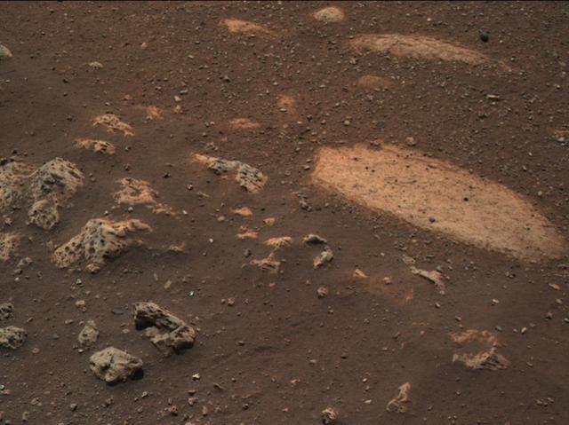 Taken Feb. 22, 2021, this image from the Mastcam-Z instrument on NASA's Perseverance rover shows the first target for analysis by the rover's SuperCam instrument.  The target rock is approximately 29 inches (73 centimeters) across its longest axis. On the left side of the image, rocks characterized by holes partially filled with dark sands contrast with the lighter-toned, smoother texture of the rock on the right. The finer-grained Martian soil can also be seen surrounding the rocks, some of which was disturbed by the Mars 2020 mission descent stage engine plumes. The image colors portray an estimate of the natural color of each scene, or approximately what the scene would look like if we viewed it with human eyes.  A key objective for Perseverance's mission on Mars is astrobiology, including the search for signs of ancient microbial life. The rover will characterize the planet's geology and past climate, pave the way for human exploration of the Red Planet, and be the first mission to collect and cache Martian rock and regolith (broken rock and dust).  Subsequent NASA missions, in cooperation with ESA (European Space Agency), would send spacecraft to Mars to collect these sealed samples from the surface and return them to Earth for in-depth analysis.  The Mars 2020 Perseverance mission is part of NASA's Moon to Mars exploration approach, which includes Artemis missions to the Moon that will help prepare for human exploration of the Red Planet.  https://photojournal.jpl.nasa.gov/catalog/PIA24484