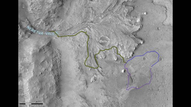 This image shows two possible routes (blue and purple) to the fan-shaped deposit of sediments known as a delta for NASA's Perseverance rover, which landed at the spot marked with a white dot in Mars' Jezero Crater. The yellow line marks a notional traverse exploring the delta. The base image is from the High Resolution Imaging Experiment (HiRISE) camera aboard NASA's Mars Reconnaissance Orbiter (MRO).  MRO's mission is managed by NASA's Jet Propulsion Laboratory, a division of Caltech in Pasadena, California, for NASA's Science Mission Directorate. Lockheed Martin Space in Denver built the spacecraft. The University of Arizona in Tucson provided and operates HiRISE.  A key objective for Perseverance's mission on Mars is astrobiology, including the search for signs of ancient microbial life. The rover will characterize the planet's geology and past climate, pave the way for human exploration of the Red Planet, and be the first mission to collect and cache Martian rock and regolith (broken rock and dust).  Subsequent NASA missions, in cooperation with ESA (European Space Agency), would send spacecraft to Mars to collect these sealed samples from the surface and return them to Earth for in-depth analysis.  The Mars 2020 Perseverance mission is part of NASA's Moon to Mars exploration approach, which includes Artemis missions to the Moon that will help prepare for human exploration of the Red Planet.  https://photojournal.jpl.nasa.gov/catalog/PIA24486