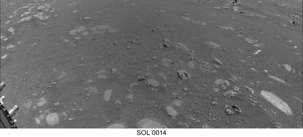 The imagery for this animated gif was taken on March 5, 2021, by a Navigation Camera on NASA's Perseverance rover during its first drive on Mars.  A key objective for Perseverance's mission on Mars is astrobiology, including the search for signs of ancient microbial life. The rover will characterize the planet's geology and past climate, pave the way for human exploration of the Red Planet, and be the first mission to collect and cache Martian rock and regolith (broken rock and dust).  Subsequent NASA missions, in cooperation with ESA (European Space Agency), would send spacecraft to Mars to collect these sealed samples from the surface and return them to Earth for in-depth analysis.  The Mars 2020 Perseverance mission is part of NASA's Moon to Mars exploration approach, which includes Artemis missions to the Moon that will help prepare for human exploration of the Red Planet.  Animation available at https://photojournal.jpl.nasa.gov/catalog/PIA24490
