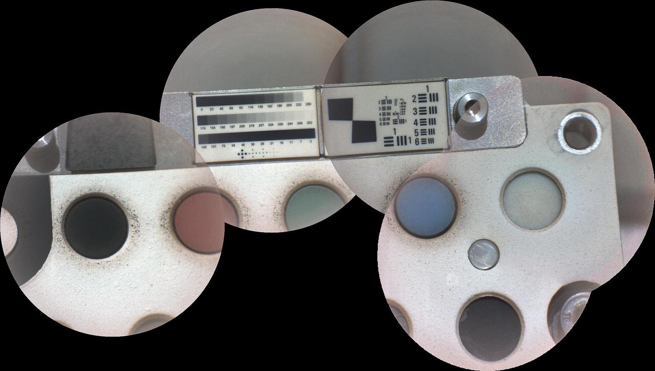 Stitched together from five images, this mosaic shows the calibration target for the SuperCam instrument aboard NASA's Perseverance rover on Mars. The component images were taken by SuperCam's remote micro-imager (RMI) on March 1, 2, and 4, 2021 (the 11th, 12th, and 13th Martian days, or sols, of Perseverance's mission on Mars). This calibration target includes visual elements for adjusting the focus of the RMI, and various samples for the calibration of the instrument's four spectrometers.  The RMI can observe dust grains as small as 4 thousandths of an inch (100 microns) on SuperCam's calibration targets on the back of the rover. The rover landed in Mars' Jezero Crater on Feb. 18, 2021. Each image has a field of view 1 1/8 inch (2.9 centimeter) in diameter.  A key objective for Perseverance's mission on Mars is astrobiology, including the search for signs of ancient microbial life. The rover will characterize the planet's geology and past climate, pave the way for human exploration of the Red Planet, and be the first mission to collect and cache Martian rock and regolith (broken rock and dust).  Subsequent NASA missions, in cooperation with ESA (European Space Agency), would send spacecraft to Mars to collect these sealed samples from the surface and return them to Earth for in-depth analysis.  The Mars 2020 Perseverance mission is part of NASA's Moon to Mars exploration approach, which includes Artemis missions to the Moon that will help prepare for human exploration of the Red Planet.  https://photojournal.jpl.nasa.gov/catalog/PIA24491