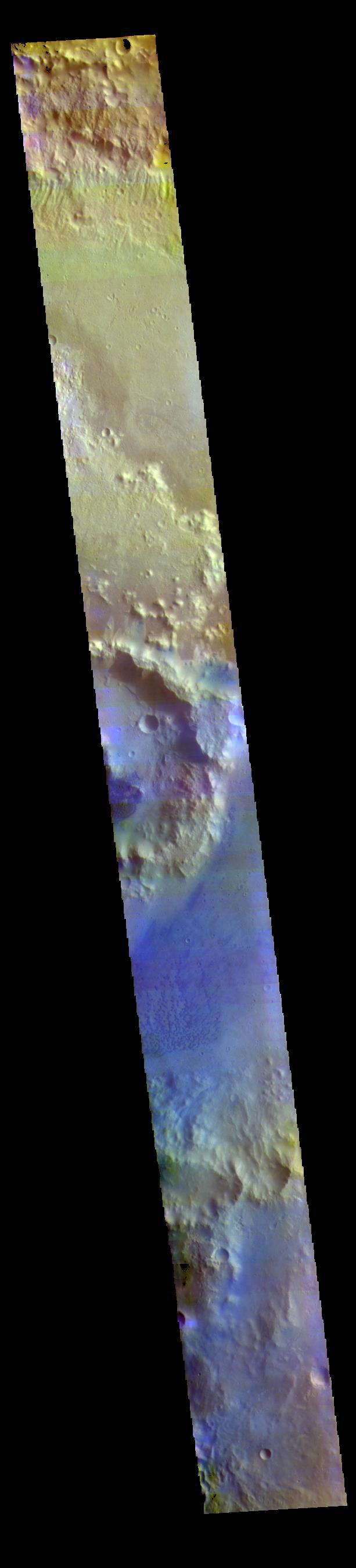 The THEMIS VIS camera contains 5 filters. The data from different filters can be combined in multiple ways to create a false color image. These false color images may reveal subtle variations of the surface not easily identified in a single band image. Today's false color image shows a cross section of Trouvelot Crater and the smaller unnamed crater on its floor. Dark blue in this color combination indicates basaltic sand, visible in sand dunes on the floors of both craters.  Orbit Number: 70344 Latitude: 15.837 Longitude: 347.427 Instrument: VIS Captured: 2017-10-23 05:33  https://photojournal.jpl.nasa.gov/catalog/PIA24503