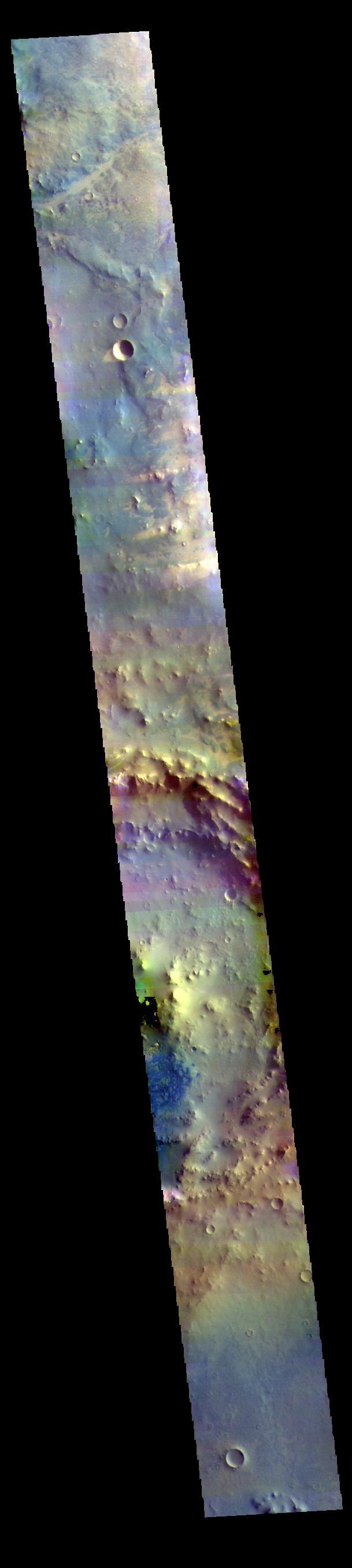 The THEMIS VIS camera contains 5 filters. The data from different filters can be combined in multiple ways to create a false color image. These false color images may reveal subtle variations of the surface not easily identified in a single band image. Today's false color image shows an unnamed crater in Noachis Terra. Small dunes can be seen in the bottom half of the image. Dark blue tones in this filter combination indicate basaltic sands.  Orbit Number: 71104 Latitude: -3.40884 Longitude: 12.2767 Instrument: VIS Captured: 2017-12-24 20:10  https://photojournal.jpl.nasa.gov/catalog/PIA24505