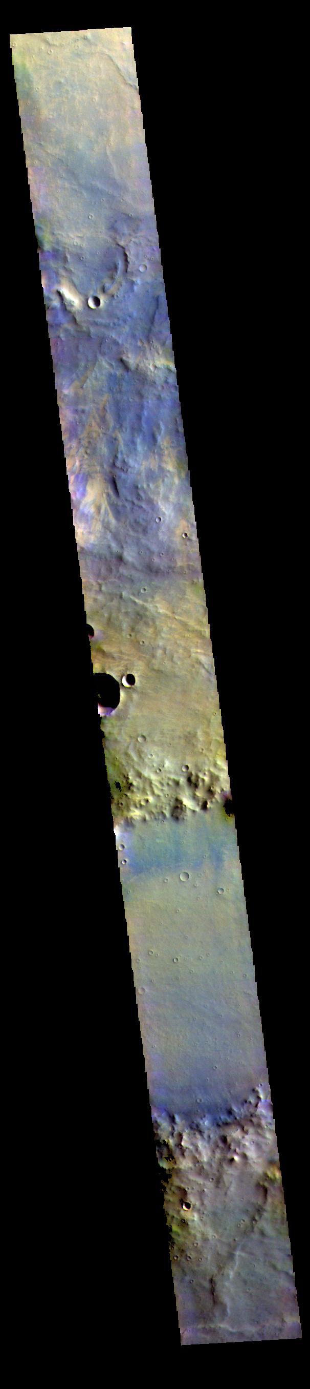The THEMIS VIS camera contains 5 filters. The data from different filters can be combined in multiple ways to create a false color image. These false color images may reveal subtle variations of the surface not easily identified in a single band image. Today's false color image shows part of Noachis Terra.  Orbit Number: 71129 Latitude: -9.19933 Longitude: 11.422 Instrument: VIS Captured: 2017-12-26 21:34  https://photojournal.jpl.nasa.gov/catalog/PIA24506