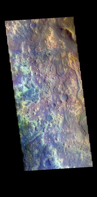 The THEMIS VIS camera contains 5 filters. The data from different filters can be combined in multiple ways to create a false color image. These false color images may reveal subtle variations of the surface not easily identified in a single band image. Today's false color image shows the channel floor of Mawrth Vallis. Of all the channels carved by flowing water on Mars, one of the more unusual is Mawrth Vallis, whose name comes from the Welsh word for Mars. Mawrth Vallis winds through northwest Arabia Terra for some 640 kilometers (400 miles) before emptying into Acidalia Planitia on the edge of the vast northern lowlands. Unlike many outflow channels that start in regions of chaotic terrain, Mawrth Vallis just appears and then grows deeper as it heads downstream, holding a width of approximately 15 km (9 mi) until it widens near its mouth at Chryse Planitia.  Orbit Number: 71080 Latitude: 22.9484 Longitude: 341.466 Instrument: VIS Captured: 2017-12-22 20:52  https://photojournal.jpl.nasa.gov/catalog/PIA24507