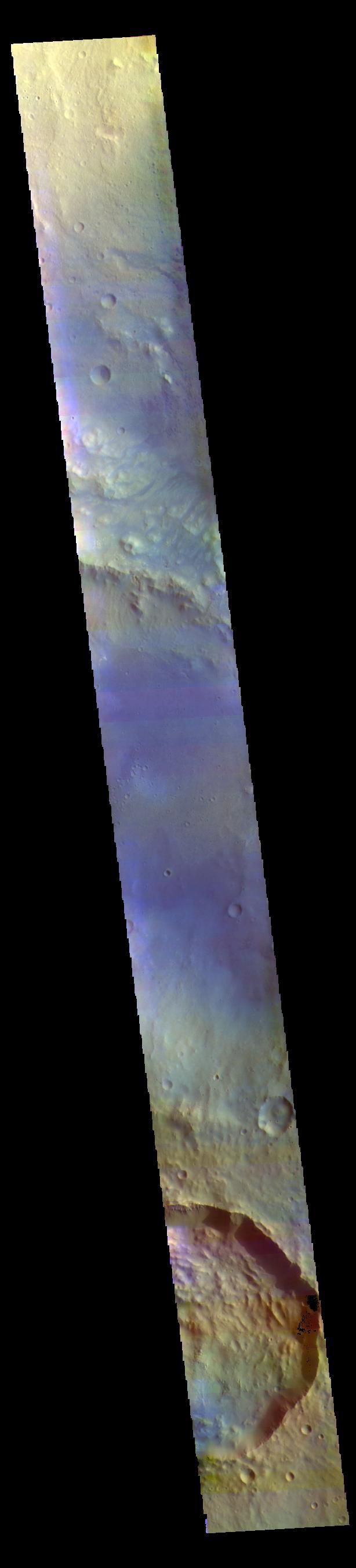 The THEMIS VIS camera contains 5 filters. The data from different filters can be combined in multiple ways to create a false color image. These false color images may reveal subtle variations of the surface not easily identified in a single band image. Today's false color image shows Trouvelot Crater and other nearby craters. Dark blue tones in this version of color combination is often dark basaltic sands.  Orbit Number: 71242 Latitude: 14.6817 Longitude: 346.517 Instrument: VIS Captured: 2018-01-05 05:07  https://photojournal.jpl.nasa.gov/catalog/PIA24511