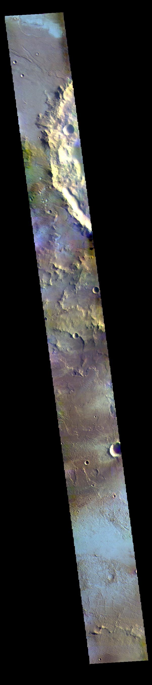 The THEMIS VIS camera contains 5 filters. The data from different filters can be combined in multiple ways to create a false color image. These false color images may reveal subtle variations of the surface not easily identified in a single band image. Today's false color image shows part of Daedalia Planum. The pale blue surfaces are thought to be early morning ground frost. This image was collected during the winter season.  Orbit Number: 71758 Latitude: -15.7206 Longitude: 216.767 Instrument: VIS Captured: 2018-02-16 17:10  https://photojournal.jpl.nasa.gov/catalog/PIA24513