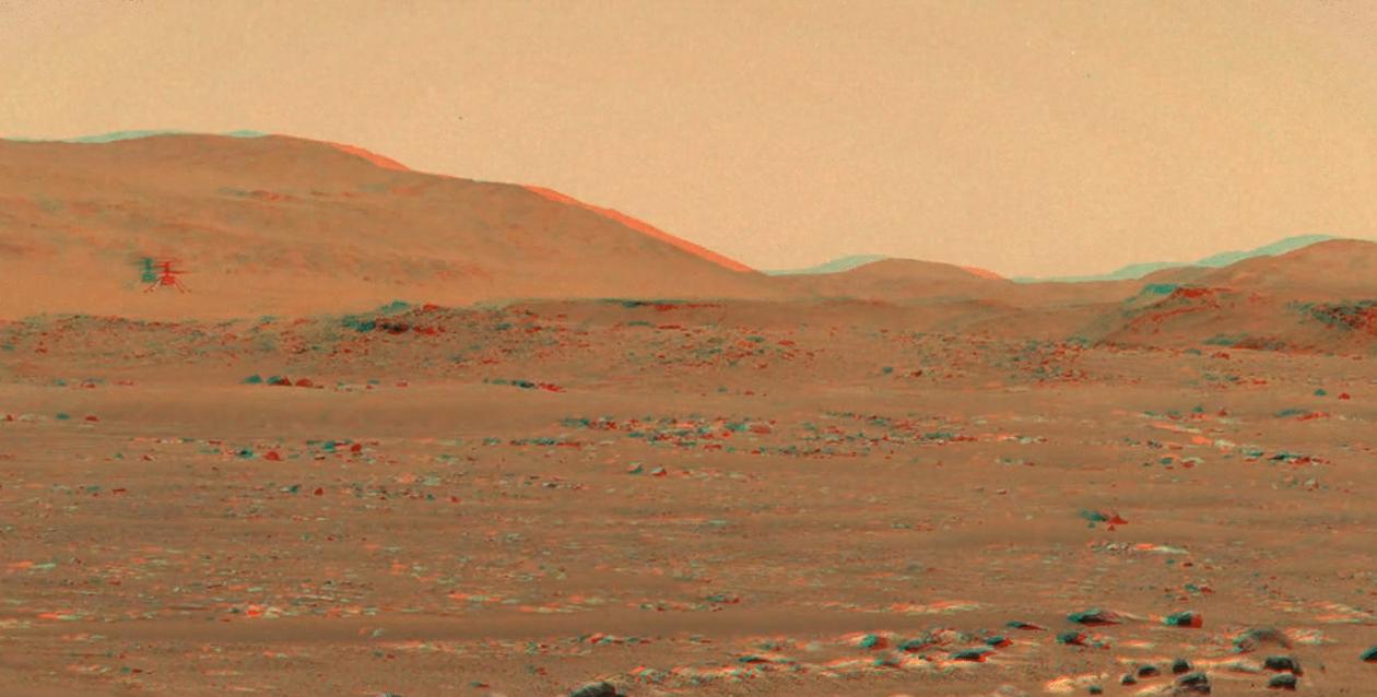 After the zoomable dual-camera Mastcam-Z imager aboard NASA's Perseverance rover captured the third flight of the agency's Ingenuity Mars helicopter on April 25, 2021, Justin Maki, an imaging scientist at NASA's Jet Propulsion Laboratory in Southern California, led the team that stitched the images into a video. The frames of the video were then reprojected to optimize viewing in an anaglyph, or an image seen in 3D when viewed with color-filtered glasses.  Arizona State University in Tempe leads the operations of the Mastcam-Z instrument, working in collaboration with Malin Space Science Systems in San Diego.  A key objective for Perseverance's mission on Mars is astrobiology, including the search for signs of ancient microbial life. The rover will characterize the planet's geology and past climate, pave the way for human exploration of the Red Planet, and be the first mission to collect and cache Martian rock and regolith (broken rock and dust).  Subsequent NASA missions, in cooperation with ESA (European Space Agency), would send spacecraft to Mars to collect these sealed samples from the surface and return them to Earth for in-depth analysis.  The Mars 2020 Perseverance mission is part of NASA's Moon to Mars exploration approach, which includes Artemis missions to the Moon that will help prepare for human exploration of the Red Planet.  Movie available at https://photojournal.jpl.nasa.gov/catalog/PIA24522