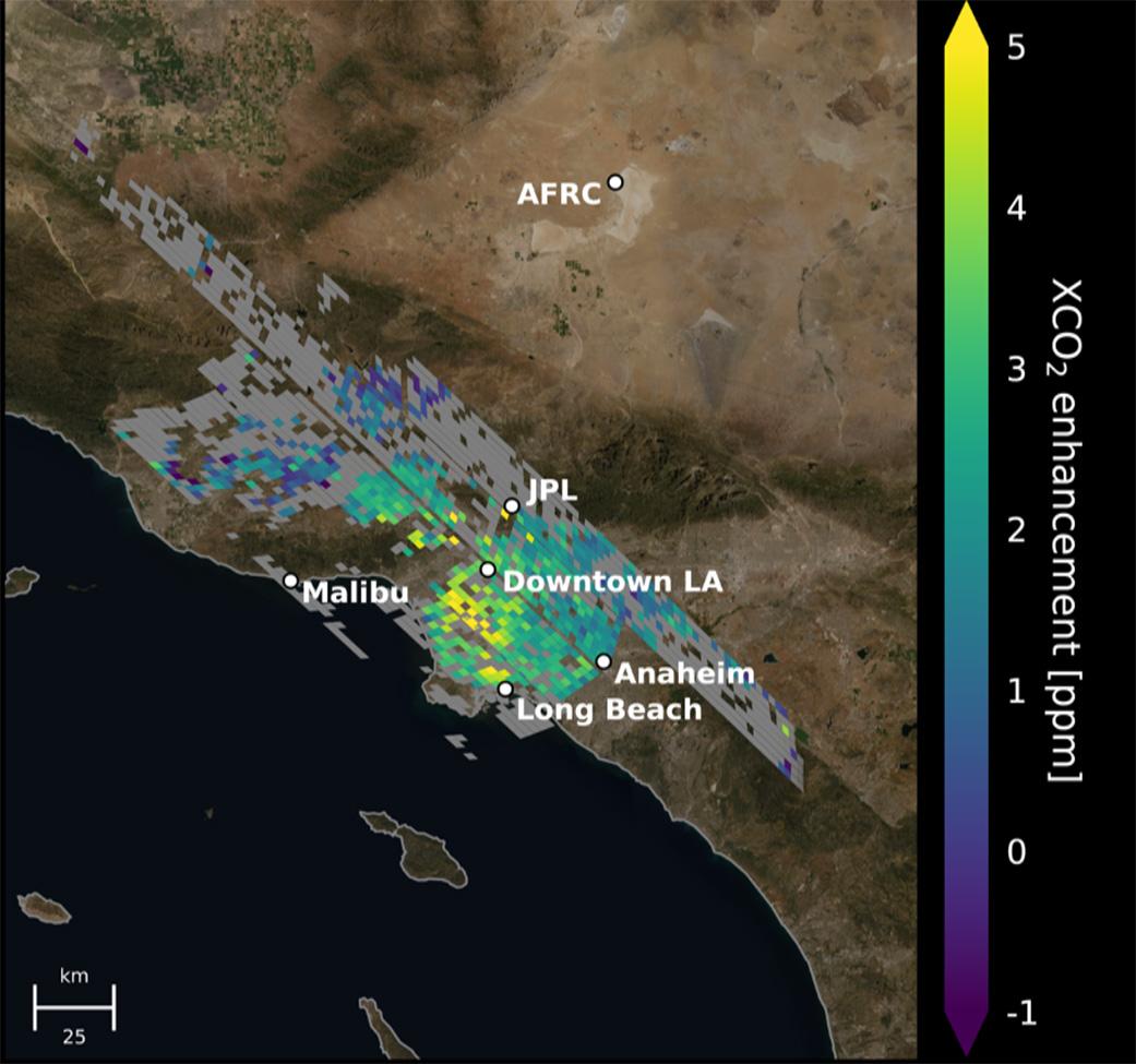 This image is a map with areas around Los Angeles labeled. It is covered in squares ranging in color from deep purple to yellow that indicate localized concentration of carbon dioxide.