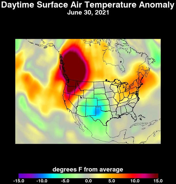 An unprecedented heat wave that started around June 26, 2021, smashed numerous all-time temperature records in the Pacific Northwest and western Canada. NASA's Atmospheric Infrared Sounder (AIRS), aboard the Aqua satellite, captured the progression of this slow-moving heat dome across the region from June 21 to 30. This animation of AIRS data shows surface air temperature anomalies, or values above or below long-term averages. Surface air temperature is something that people directly feel when they are outside. Some of the temperature anomalies were greater than 20 degrees Fahrenheit above the long-term average.  On June 28, Quillayute, Washington, set an all-time high temperature record of 110 degrees Fahrenheit (43 degrees Celsius), shattering the old record of 99 degrees Fahrenheit (37 degrees Celsius). In British Columbia, the village of Lytton set a new all-time record for Canada at 119 degrees Fahrenheit (48 degrees Celsius) on June 29, only to break it the next day with a reading of 121 degrees Fahrenheit (49 degrees Celsius).  The AIRS instrument recorded similar temperature anomalies at an altitude of about 10,000 feet (3,000 meters), showing that the extreme heat also affected mountainous regions. And temperature anomalies at roughly 18,000 feet (5,500 meters) demonstrated that the heat dome extended high into Earth's troposphere, creating the conditions for intense heat at the planet's surface that are normally found further south.  Animation available at https://photojournal.jpl.nasa.gov/catalog/PIA24537
