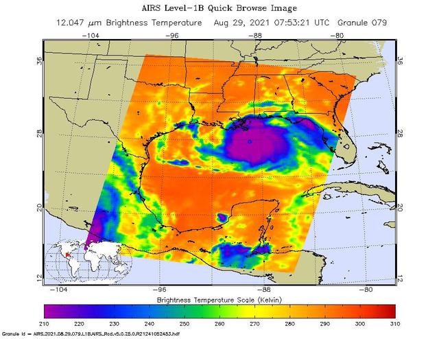 NASA's Atmospheric Infrared Sounder (AIRS), aboard the Aqua satellite, caught views of Hurricane Ida as the high-end Category 4 storm swept ashore around noon local time on Aug. 29, 2021, near Port Fourchon, Louisiana. One snapshot showed the hurricane around 3 a.m. that day while it was still over the Gulf of Mexico. The second view (Figure 1) caught the storm around 1:45 p.m. local time.  In the infrared AIRS imagery, purple areas indicate very cold clouds carried high into the atmosphere by towering thunderstorms. These regions are also associated with heavy rainfall. Blue and green indicate warmer areas with shallower rain clouds. The orange and red areas represent mostly cloud-free air. The eye of the hurricane is seen just over the Louisiana coast as a small blue-green area in the middle of the large patch of purple in the after-landfall image.  AIRS, in conjunction with the Advanced Microwave Sounding Unit (AMSU), senses emitted infrared and microwave radiation from Earth to provide a three-dimensional look at the planet's weather and climate. Working in tandem, the two instruments make simultaneous observations down to Earth's surface. With more than 2,000 channels sensing different regions of the atmosphere, the system creates a global, three-dimensional map of atmospheric temperature and humidity, cloud amounts and heights, greenhouse gas concentrations, and many other atmospheric phenomena. Launched into Earth orbit in 2002 aboard NASA's Aqua spacecraft, the AIRS and AMSU instruments are managed by NASA's Jet Propulsion Laboratory in Southern California, under contract to NASA. JPL is a division of Caltech.  https://photojournal.jpl.nasa.gov/catalog/PIA24538