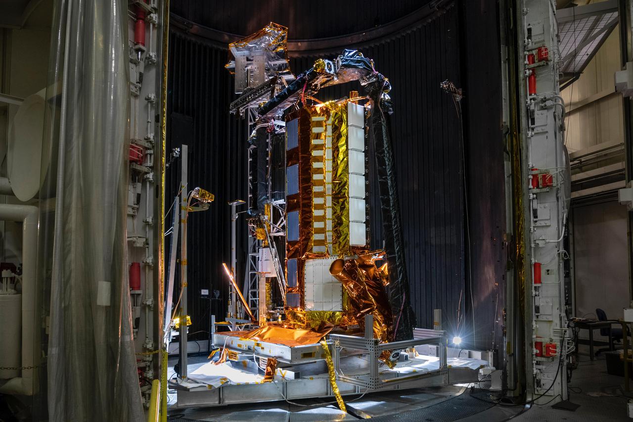 Part of the NASA-ISRO Synthetic Aperture Radar (NISAR) satellite rests in a thermal vacuum chamber – meant to mimic the conditions found in space – at NASA's Jet Propulsion Laboratory in August 2020. Engineers tested the hardware in conditions similar to the ones NISAR will experience in space to see how it will hold up.  The SUV-size Earth satellite will track subtle changes in the planet's surface as small as 0.4 inches (a centimeter) over areas about the size of half a tennis court. NISAR will spot warning signs of imminent volcanic eruptions, help to monitor groundwater supplies, track the melt rate of ice sheets, and observe shifts in the distribution of vegetation around the world.  https://photojournal.jpl.nasa.gov/catalog/PIA24539