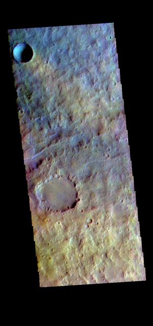 The THEMIS VIS camera contains 5 filters. The data from different filters can be combined in multiple ways to create a false color image. These false color images may reveal subtle variations of the surface not easily identified in a single band image. Today's false color image shows part of Terra Cimmeria. Orbit Number: 74904 Latitude: -28.5018 Longitude: 141.031 Instrument: VIS Captured: 2018-11-02 20:40 https://photojournal.jpl.nasa.gov/catalog/PIA24557