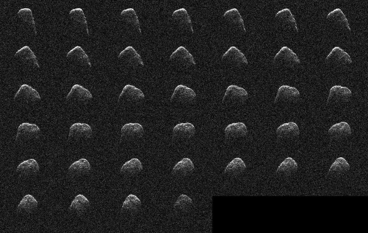 These images and animation represent NASA radar observations of 4660 Nereus on Dec. 10, 2021, before the asteroid's close approach on Dec. 11, when it came within 2.5 million miles (4 million kilometers) of Earth. Using the 70-meter radio antenna at the Deep Space Network's Goldstone Deep Space Communications Complex near Barstow, California, scientists from NASA's Jet Propulsion Laboratory acquired the most detailed radar images of the nearly 1,100-foot-wide (330-meter-wide) near-Earth asteroid since its discovery almost four decades earlier. Nereus' orbit is very well known and the asteroid does not pose a threat to Earth.  During the asteroid's close approach, an image resolution of about 12.3 feet (3.75 meters) per pixel was possible, revealing surface features such as potential boulders and craters, plus ridges and other topography. Asteroid Nereus' previous approach in 2002 was near enough to Earth to reveal the asteroid's size and overall shape, but too distant to show surface features. The new observations will also help scientists better understand the asteroid's shape and rotation while providing them new data to further refine its orbital path around the Sun.  Nereus belongs to the relatively rare E-type asteroid family that exhibits very unusual radar scattering properties. It's thought that this may be caused by asteroids of this type having particularly rough terrain. Also, E-type asteroids are optically bright, sometimes reflecting as much as 50% of the sunlight that hits their surface. Typical S-type asteroids reflect about 15%, whereas dark C-type asteroids reflect only a few percent. It's thought that E-class asteroids may be the source of very rare Aubrite meteorites and are composed of comparatively bright material.  The 2021 close approach was the best opportunity for radar imaging of Nereus until 2060, when the asteroid will approach within 750,000 miles (1.2 million kilometers) of Earth, only three times the Earth-Moon distance. At that time, Nereus will be an easy target for small telescopes and possibly even powerful binoculars.  Nereus – named after a sea god from Greek mythology – was discovered in 1982 by Eleanor "Glo" Helin as part of the JPL Palomar Planet-Crossing Asteroid Survey.  Movie available at https://photojournal.jpl.nasa.gov/catalog/PIA24566