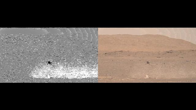NASA's Ingenuity helicopter can be seen here taking off, hovering and then landing on the Martian surface on April 19, 2021. The Mastcam-Z imager aboard NASA's Perseverance Mars rover shot video of the helicopter's flight. The video is presented here in side-by-side formats that have both been enhanced to show a dust plume swirling during takeoff and again on landing. The view on the left uses motion filtering to show where dust was detected during liftoff and landing and the view on the right is enhanced with the motion filtering. Scientists use this image processing to detect dust devils as they pass by Mars rovers. An additional version of the video includes a timer that counts down until liftoff and then counts up until landing. A ghostly "cut-out" of the helicopter is visible in each side-by-side format; that's an artifact related to the digital processing. A key objective for Perseverance's mission on Mars is astrobiology, including the search for signs of ancient microbial life. The rover will characterize the planet's geology and past climate, pave the way for human exploration of the Red Planet, and be the first mission to collect and cache Martian rock and regolith (broken rock and dust). Subsequent NASA missions, in cooperation with ESA (European Space Agency), would send spacecraft to Mars to collect these sealed samples from the surface and return them to Earth for in-depth analysis. The Mars 2020 Perseverance mission is part of NASA's Moon to Mars exploration approach, which includes Artemis missions to the Moon that will help prepare for human exploration of the Red Planet. https://photojournal.jpl.nasa.gov/catalog/PIA24589
