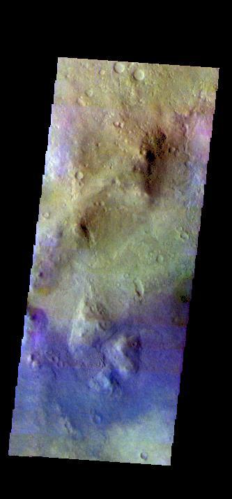 The THEMIS VIS camera contains 5 filters. The data from different filters can be combined in multiple ways to create a false color image. These false color images may reveal subtle variations of the surface not easily identified in a single band image. Today's false color image shows the floor of an unnamed crater in Noachis Terra.  Orbit Number: 75302 Latitude: -45.6155 Longitude: 359.839 Instrument: VIS Captured: 2018-12-05 14:49  https://photojournal.jpl.nasa.gov/catalog/PIA24602